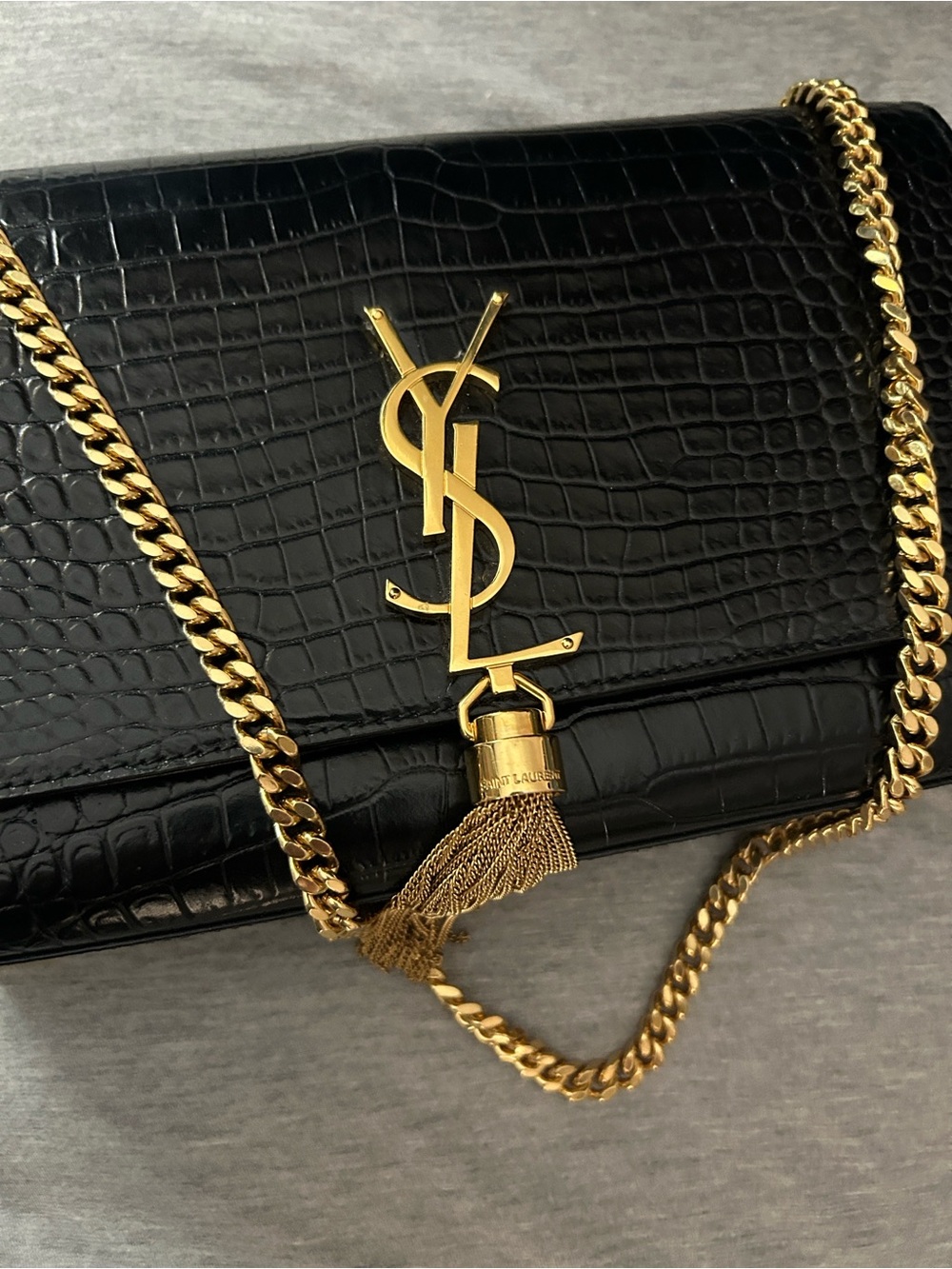 Saint Laurent Black Croc-Embossed Tassel Monogram Chain Crossbody - Picture 4 of 7